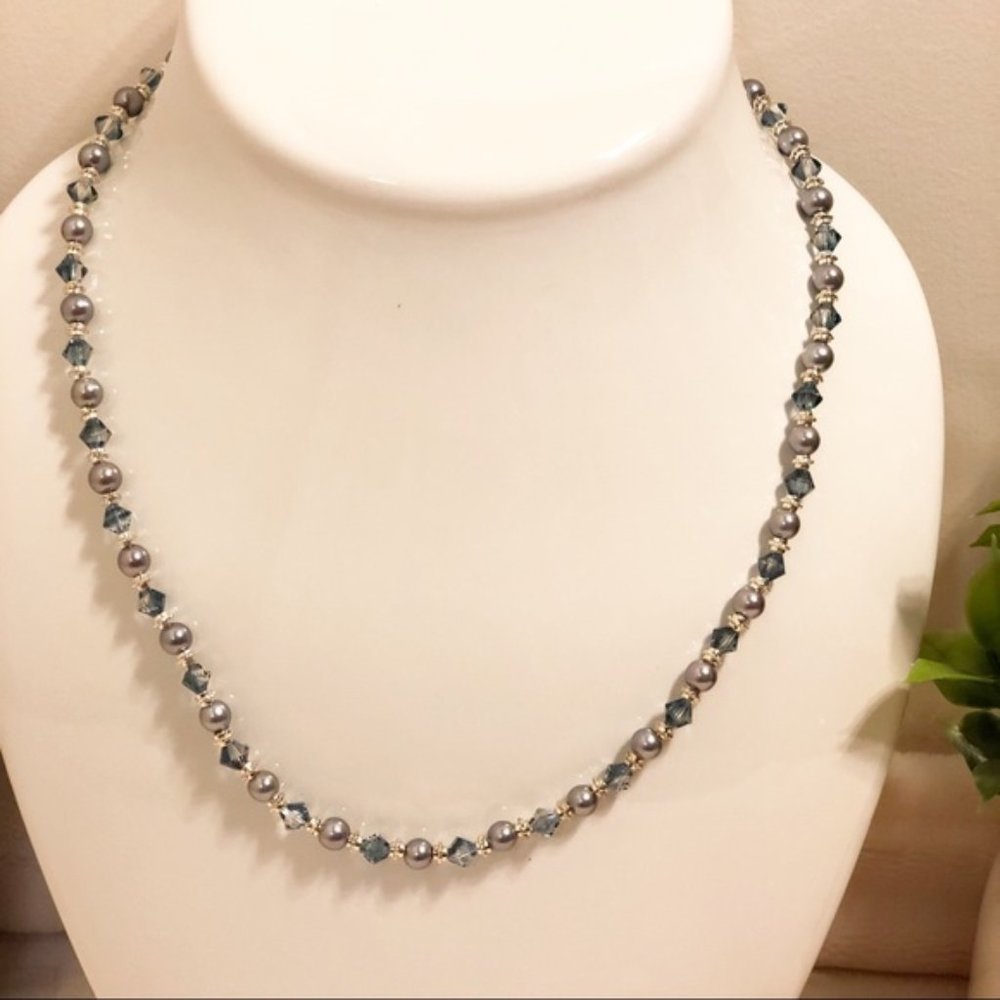 Swarovski Blue Crystal & Silver Pearl Necklace